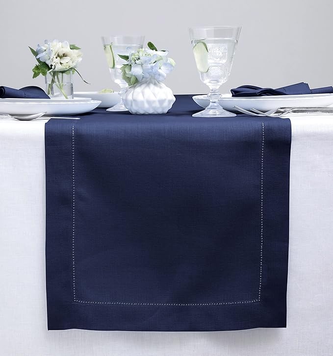 Solino Home Linen Navy Blue Table Runner 36 Inches - Classic Hemstitch, 100% Pure Linen Coffee Table Runner 14 x 36 Inch Ideal for Dresser Tables - Fall, Autumn, Halloween, Thanksgiving, Christmas
