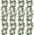 Dolicer 4Pcs 26Ft Artificial Eucalyptus Garlands with Flowers - 8 Roses, Faux Floral Greenery Garlands Fake Flowers Vines for Wedding Table Centerpieces Arch Party Ceremony Backdrop Decor (White)