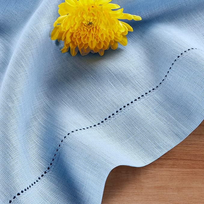 Solino Home Linen Cornflower Blue Table Runner 144 Inches Long - 100% Pure Linen Hemstitch 14 x 144 Inch Table Runner for Dining - Classic Hemstitch