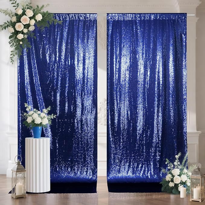 SquarePie Sequin Backdrop Curtain 8FT x 10FT Navy Blue Satin Backing Fabric Photography Background for Wedding Patry 4FT x 10FT 2 Panels