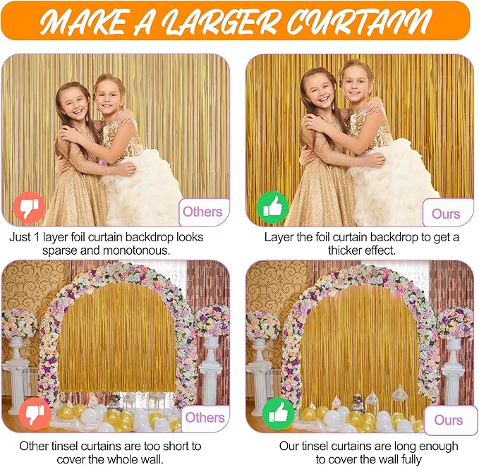 Crosize 2 Pack 3.3 x 9.9 ft Gold Foil Fringe Curtains Party Decorations, Gold Tinsel Curtain Backdrop for Parties, Door Streamers, Glitter Streamer Fringe Backdrop for Birthday Decoration