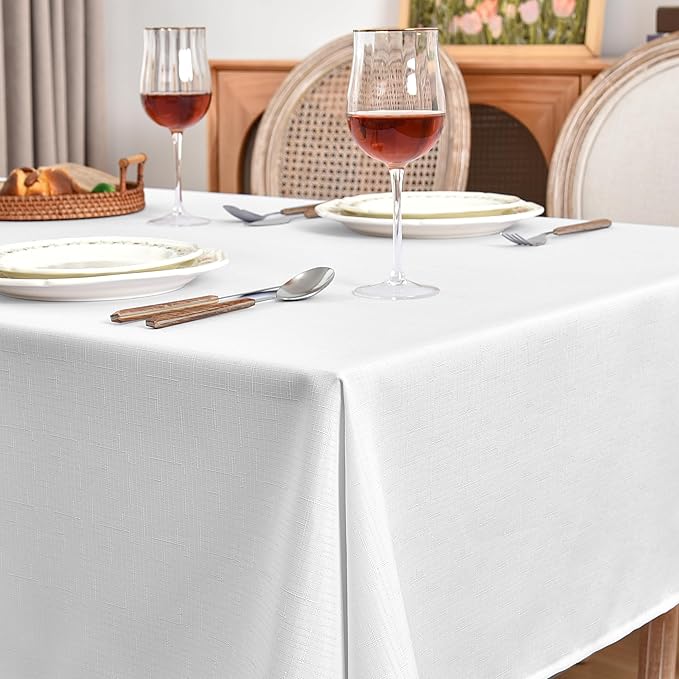 Fitable Faux Linen Tablecloths Rectangle 60 x 102 Inch - 2 Pack Textured Table Clothes for 6 Foot Tables, White Faux Burlap Kitchen Table Covers for Wedding, Party, Farmhouse, Banquet, Dining