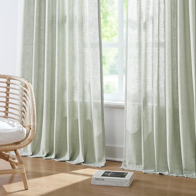 Vision Home Light Green Pinch Pleated Semi Sheer Curtains Textured Linen Blended Light Filtering Window Curtains 72 inch for Living Room Bedroom Pinch Pleat Drapes with Hooks 2 Panels 40" Wx72 L