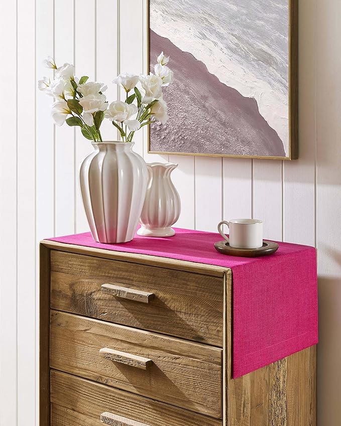 ZeeMart Linen Textured Border Table Runner, 14 x 60 Inch Hot Pink, Farmhouse Style Pink Table Runners 60 Inches Long, Easy Care Everyday Polyester Table Runner