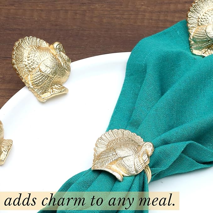Gold Napkin Rings Set of 12 - Turkey Bird Stylish Metal Lightweight Serviette Holders for Elegant Table Settings | Perfect for Dinner Parties, Holidays, Weddings & Everyday Use - ALPHA Living HOME