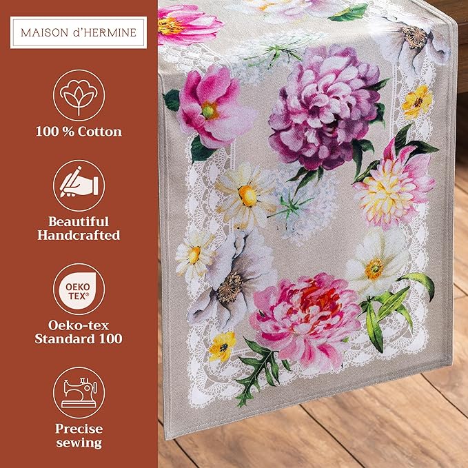 Maison d' Hermine Table Runner 100% Cotton Double Layer Table Runners 72 inches Long Decorative for Home Kitchen Dining Party Baby Shower Wedding Bridal Shower Spring Summer (Pivoine, 14.50" x 72")