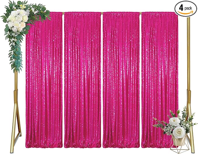 ShinyBeauty Hot Pink Sequin Glitter Photography Backdrop Curtain 4ft x10ft - 4-Panel Reusable Party Wedding Birthday Photo Booth Background Decor (Sparkling Event Backdrop)