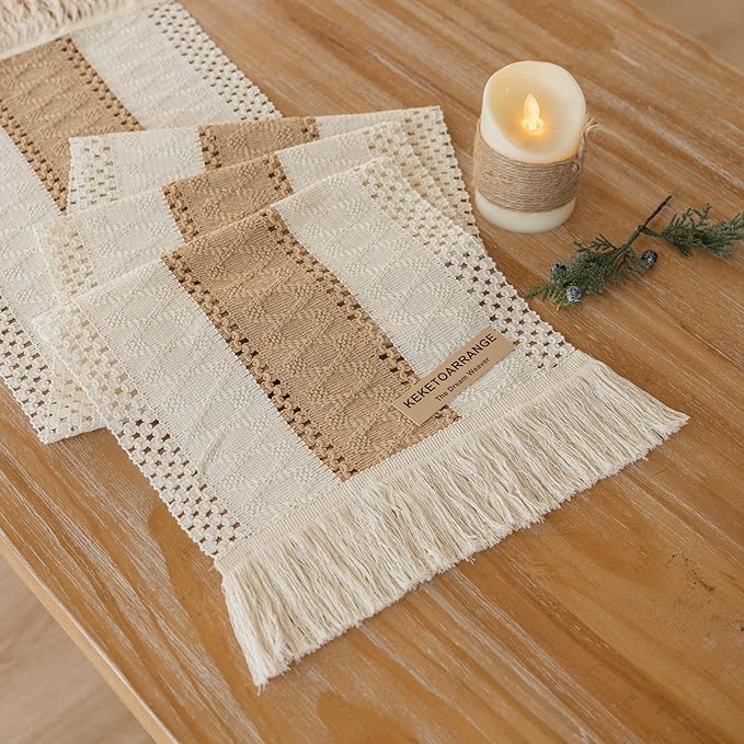 Boho Table Runner Cream Beige Brown for Home Decor 12x48 Inches Farmhouse Macrame Burlap Jute Rustic Dining Kitchen Centerpiece Bohemian Decor French Country Bridal Shower Decorations