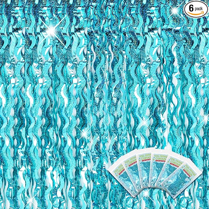 Jutom 6 Pieces 3.3 x 6.6 ft Wavy Tinsel Foil Fringe Curtains Foil Fringe Streamer Backdrop Party Curtain for Sea Mermaid Baby Shower Birthday Party Decoration(Blue Green)
