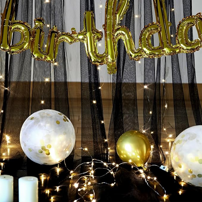 Black Tulle Backdrop Curtain with Lights String for Parites 20ft×10ft Black Sheer Backdrop Curtains for Baby Shower Wedding Bridal Shower Birthday Party Photo Shoot Decorations(4 Panels 5×10ft)