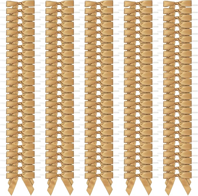 Juvale Satin Twist Tie Bows - Gold Twist Tie Bow Accents - Mini Ribbons for Crafts & Treat Bag Decor - 100 Pack, 3 x 2.5 in, 5.7 in Bands