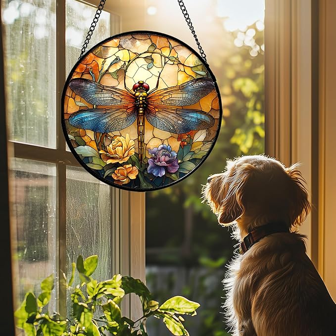 Stained Glass Window Hanging - Orange Blue Dragonfly Flower Suncatcher for Doors Window Home Sun Catchers Decor Christmas Mother's Day Birthday Outdoor Gifts for Women Men Mom Nana 14.9 in