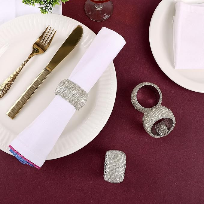12 Pcs Beaded Napkin Rings - Rhinestone Napkin Buckles Glossy Napkin Bling Round Holders for Easter Holiday Wedding Banquet Home Party Dining Table Decoration (Silver) - CLEENTABLE