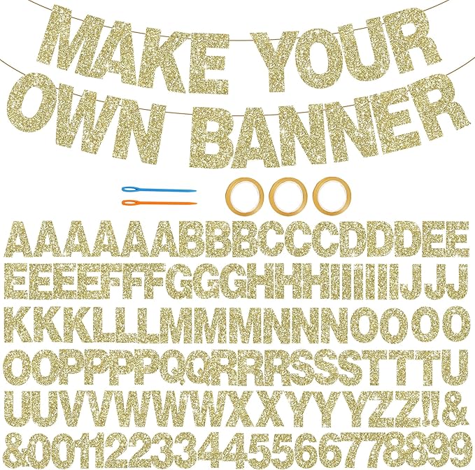 BEISHIDA 116 PCS A-Z Glitter Champagne DIY Letter Banner Kit Make Your Own Banner，Including 111 Letters and Numbers 3 Rope and 2 Threading Device,Customized for Birthday Graduation Wedding Party Decor