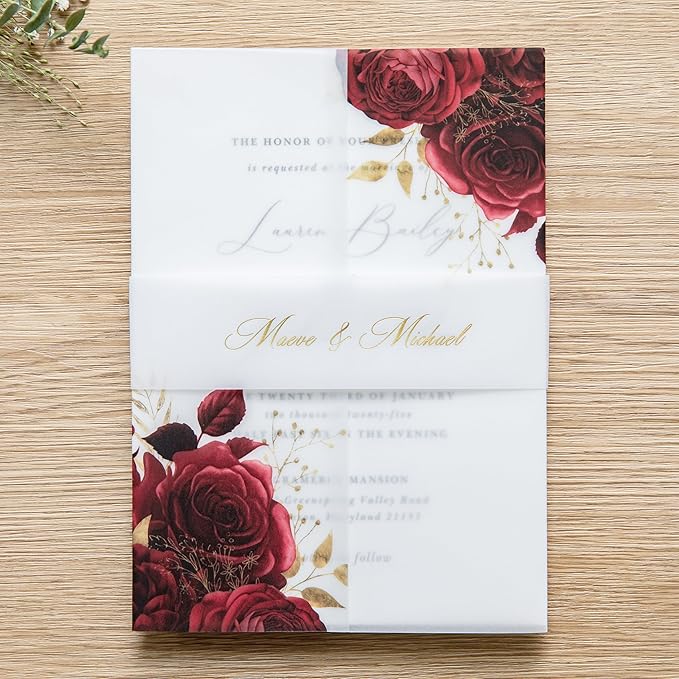 PONATIA 50 Pieces Vellum Jackets for 5x7 Invitation Cards - Red Flowers Printed Vellum Sleeves, Quinceanera Wedding Invitation Cards Wraps, Transparent Christmas Gift Cards Jackets
