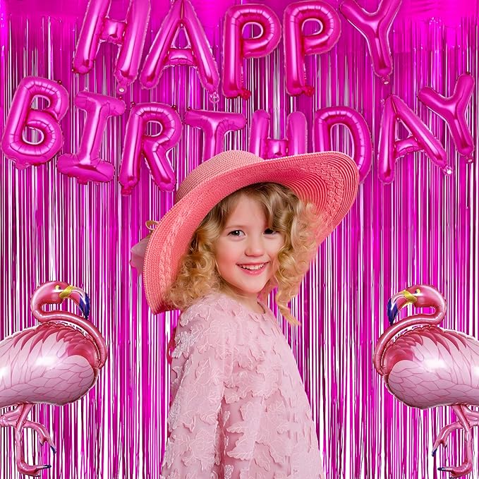 Hot Pink Party Streamers Backdrop - GREATRIL Shiny Fuchsia Tinsel Foil Fringe Curtain for Birthdays/Flamingo/Bachelorette/Galentine/Breast Cancer Awareness Decorations - 3.2ft X 8.2ft - 2 Packs