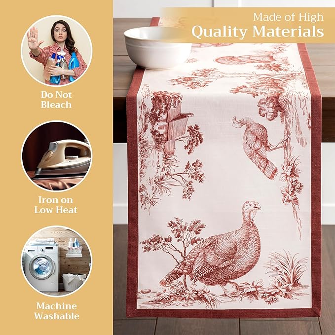 Maison d' Hermine Table Runner 100% Cotton Single Layer Table Runners 108 inches Long for Thanksgiving Christmas Decorations Home Kitchen Dining Party Wedding (Holy Jouy - Brown, 14.5" x 108")