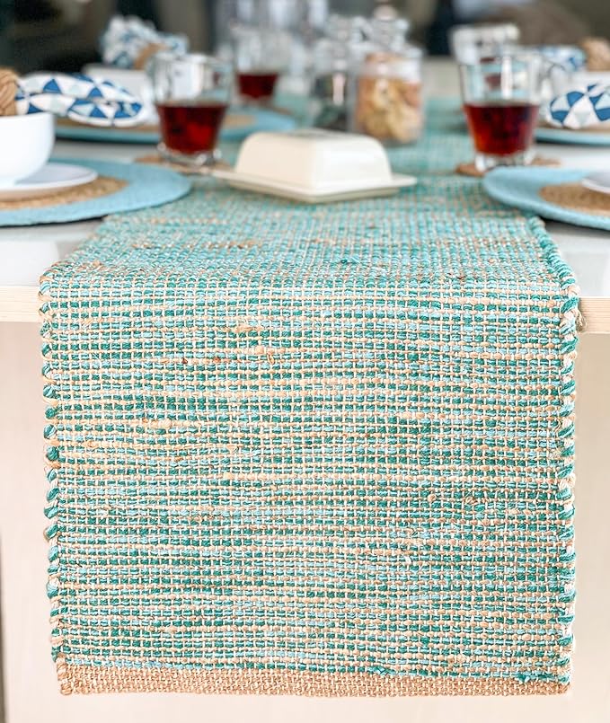 Chardin home Natural Jute Table Runner 13x108 Inch – Vintage Boho Rustic Table Decor – Handwoven Long Table Runner in Natural Jute and Aqua Turquoise – Farmhouse Dining or Console Table Accent