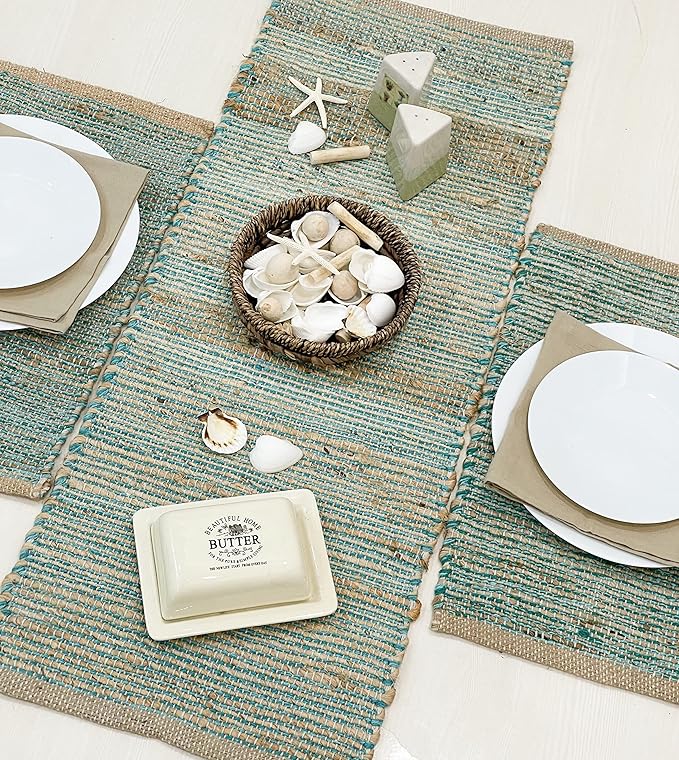 Chardin home Natural Jute Table Runner 13x48 Inch – Vintage Boho Rustic Table Decor – Handwoven Table Runner in Natural Jute and Aqua Turquoise – Farmhouse Dining or Console Table Accent