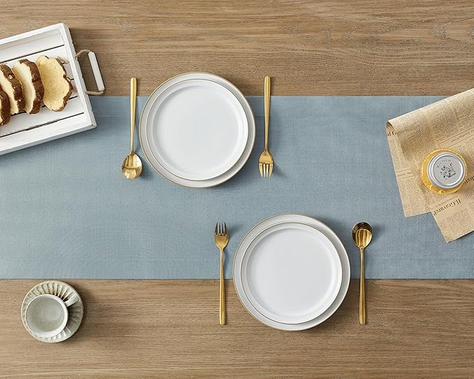 ZeeMart Linen Textured Border Table Runner, 14 x 72 Inch Blue, Farmhouse Style Dusty Blue Table Runners 72 Inches Long, Easy Care Everyday Polyester Table Runner