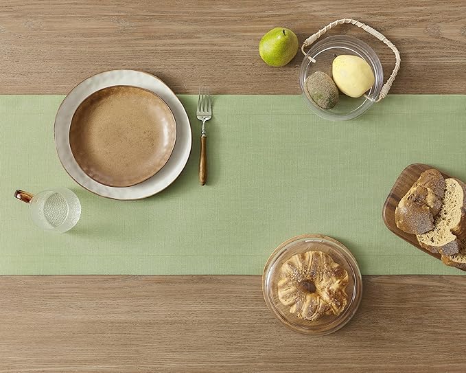 ZeeMart Linen Textured Border Table Runner, 14 x 60 Inch Green, Farmhouse Style Sage Green Table Runners 60 Inches Long, Easy Care Everyday Polyester Table Runner