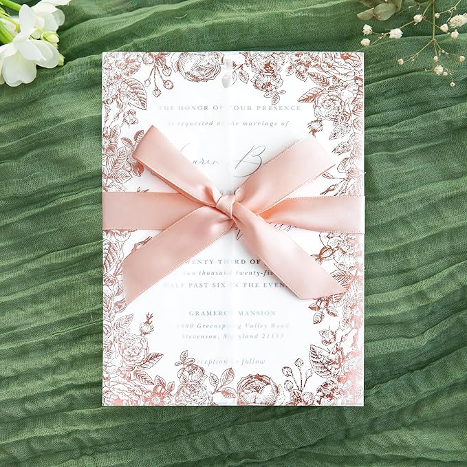 PONATIA 50 PCS Vellum Jackets for 5x7 Wedding Invitation Cards- 135gsm Floral Printed Vellum Sleeves, Invitation Cards Wraps (Rose Gold Foil)
