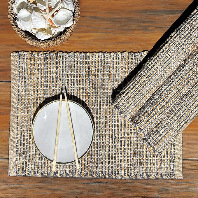 Chardin Home Natural Jute & Grey Placemats, Set of 4 – Rustic Handmade Boho Table Mats, 13x19 Inch Dining Table Placemats for Kitchen, Everyday Meals, Holidays, Farmhouse or Modern Table Décor