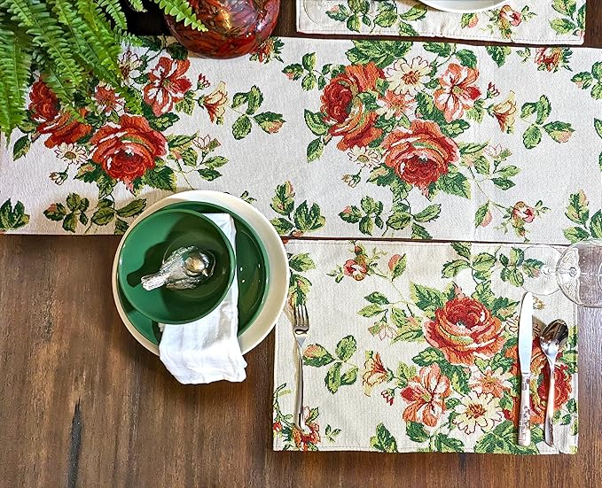 Tache Sweet Roses Spring Summer Traditional Country Vintage White Red Floral Decorative Woven Tapestry Dresser Kitchen Coffee Table Runners, 13x54