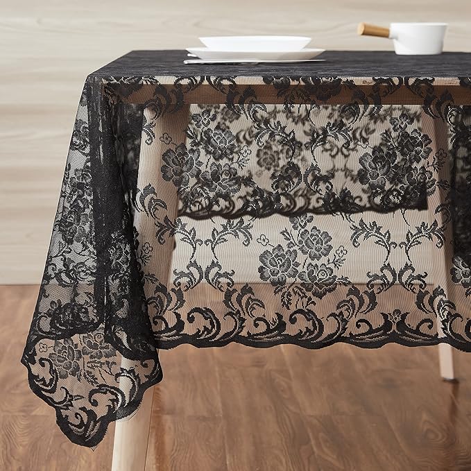 LinenZone Black Rectangle Tablecloth for Rustic Vintage Decor. Sheer Lace Tablecloth Works Great As Wedding Table Cloth or Christmas Table Cover (Mia TC 60 x 144, Black)