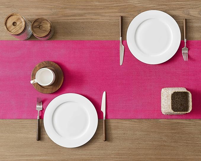 ZeeMart Linen Textured Border Table Runner, 14 x 72 Inch Hot Pink, Farmhouse Style Pink Table Runners 72 Inches Long, Easy Care Everyday Polyester Table Runner