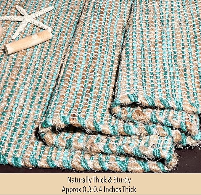 Chardin home Natural Jute Table Runner 13x90 Inch – Vintage Boho Rustic Table Decor – Handwoven Table Runner in Natural Jute and Aqua Turquoise – Farmhouse Dining or Console Table Accent