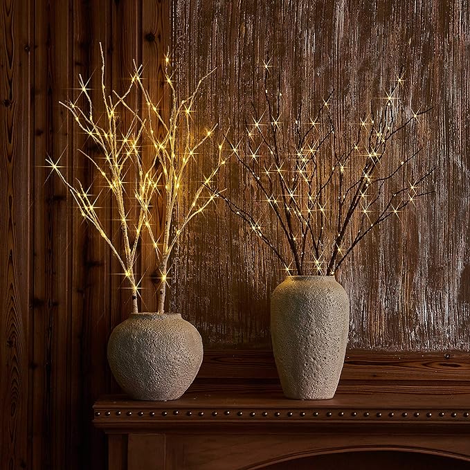 LITBLOOM Lighted Brown Willow Branches 32IN 100 LED with Timer Battery Operated, Tree Branch with Warm White Lights for Holiday Christmas Decoration Indoor Outdoor Use