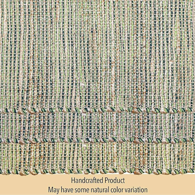 Chardin Home Natural Jute Table Runner 13x72 Inch – Vintage Boho Rustic Table Decor – Handwoven Table Runner in Natural Jute and Green – Farmhouse Dining or Console Table Accent