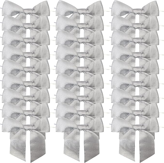 36pcs 4-1/2" Metallic Silver Glitter Ribbon Bows with Twist Ties for Gift Wrapping Packing Christmas Big Bows for Thanks Giving Giant Twist Tie Bows for Holiday Decoration (Silver)