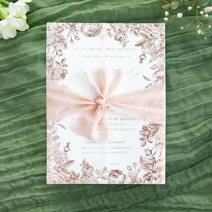 PONATIA 50 PCS Vellum Jackets for 5x7 Wedding Invitation Cards- 135gsm Floral Printed Vellum Sleeves, Invitation Cards Wraps (Rose Gold Foil)
