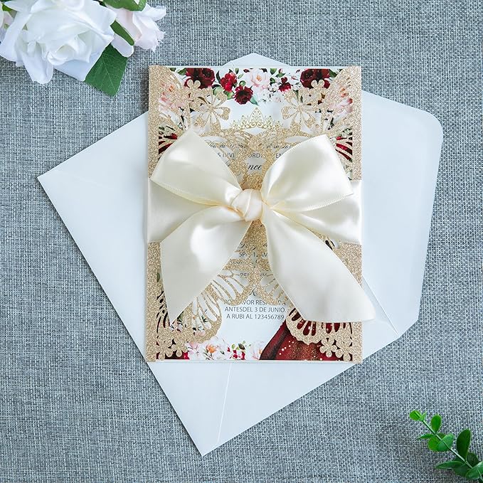 20 PCS 5.12x7.2 Butterfly Quinceanera Invitation, Laser Cut Wedding Invitation Cards with Envelopes for XV Anos Bridal Shower Baby Shower Invite (Light Gold)