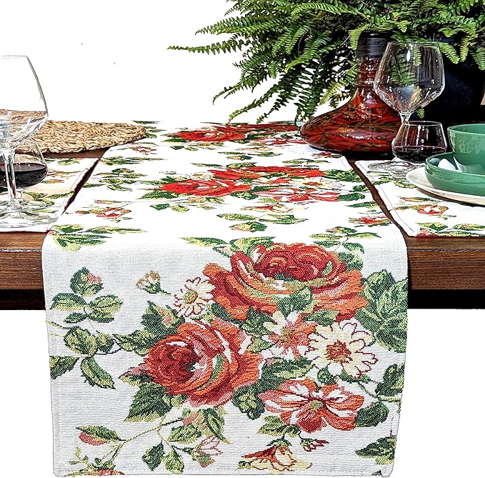 Tache Sweet Roses Spring Summer Traditional Country Vintage White Red Floral Decorative Woven Tapestry Kitchen Coffee Table Runners Scarfs, 13x72