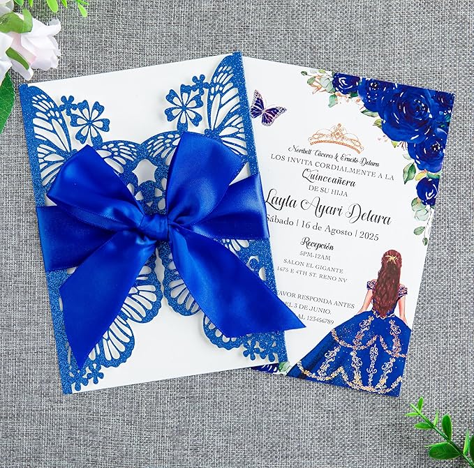20 PCS 5.12x7.2 Butterfly Quinceanera Invitation, Laser Cut Wedding Invitation Cards with Envelopes for XV Anos Bridal Shower Baby Shower Invite (Blue Glitter)