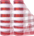 Ribbli 2 Rolls Red and White Stripe Metallic Mesh Ribbon,10 inch x 30 feet(10Yard),Metallic Red & White Stripe with Iridescent Silver Foil,Valentine's Day Ribbon for Wreath and Decorating