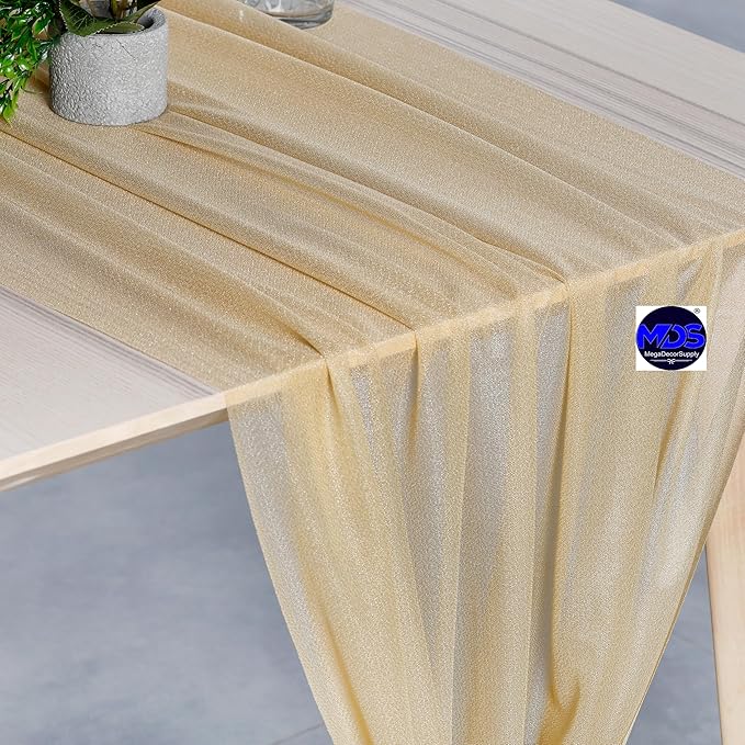 MDS 2 Pack 14ft Chiffon Table Runner 29 x 170 Inches Sheer Wedding Runner Romantic Rustic Table Runner for Wedding Decorations, Birthday Parties, Bridal Shower Party Arch Decor - Champagne Gold
