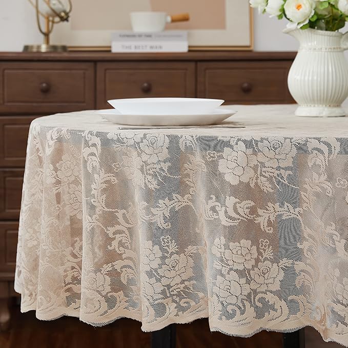 LinenZone Linen Round Tablecloth for Rustic Vintage Decor. Sheer Lace Table Cloth Works Great As Wedding Tablecloth or Thanksgiving Table Cover. (Mia 60 Round, Linen)