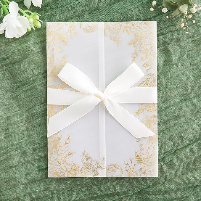 PONATIA 50 PCS Vellum Jackets for 5x7 Invitations- 135gsm Gold Foil Print Floral Printed Vellum Sleeves, Quinceanera Wedding Invitation Cards Wraps, Transparent Christmas Gift Cards Jackets