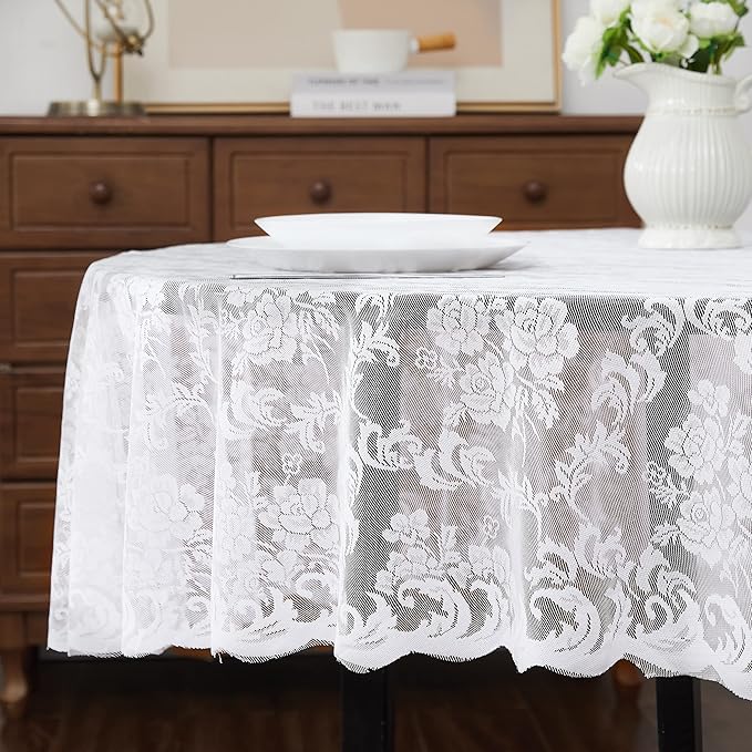 LinenZone White Round Tablecloth for Rustic Vintage Decor. Sheer Lace Tablecloth Works Great As Wedding, Thanksgiving or Christmas Decor. (Mia 90 Round, White)