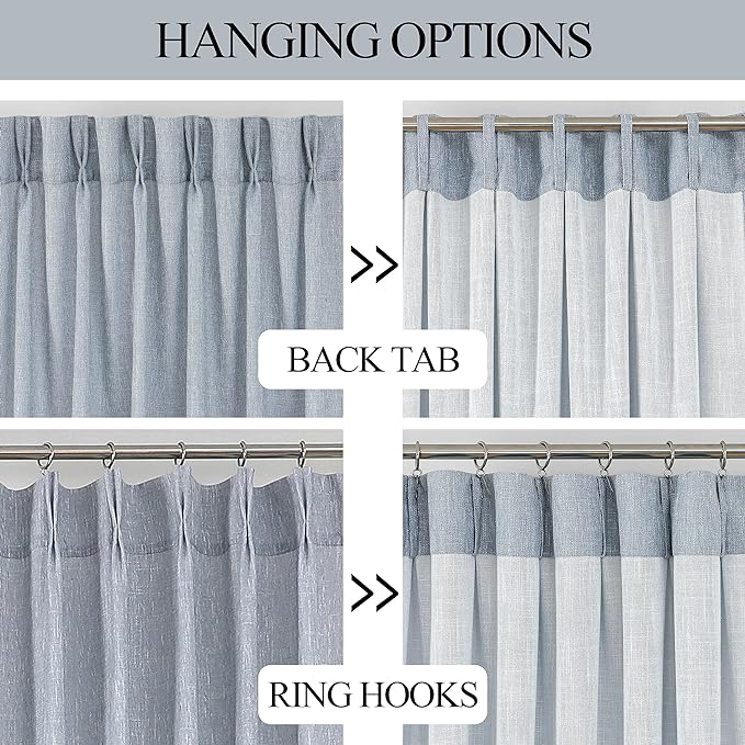 Vision Home Blue Pinch Pleated Semi Sheer Curtains Textured Light Filtering Window Curtains 90 inch for Living Room Bedroom Rayon Blended Chambray Blue Pinch Pleat Drapes with Hooks 2 Panels 40"Wx90"L