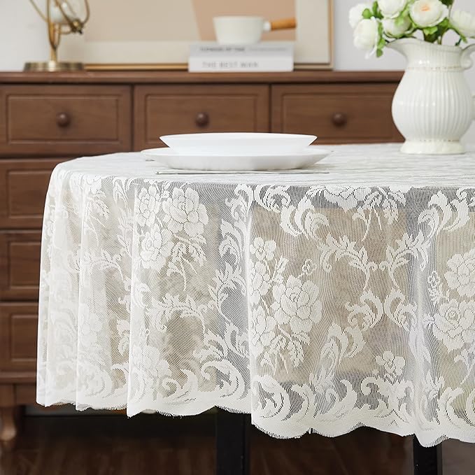 LinenZone Ivory Round Tablecloth for Rustic Vintage Decor. Sheer Lace Table Cloth Works Great As Wedding Tablecloth or Thanksgiving Table Cover. (Mia 60 Round, Ivory)