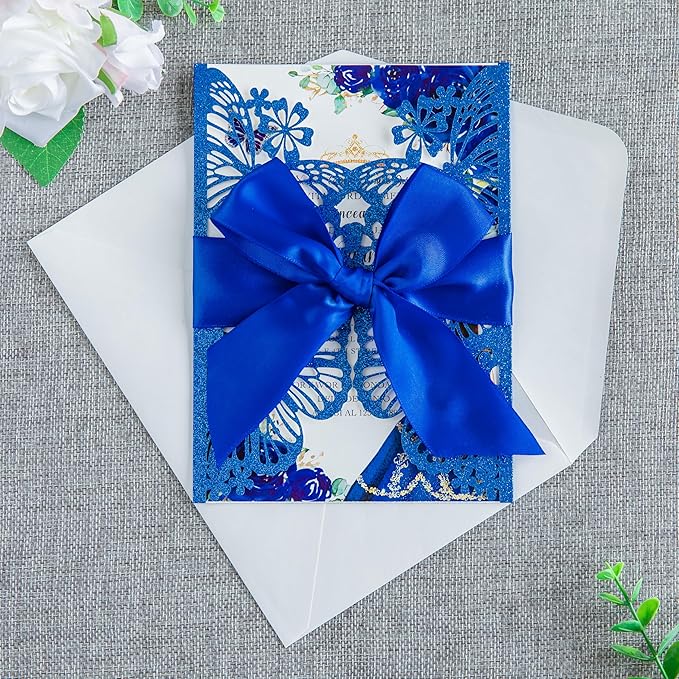 20 PCS 5.12x7.2 Butterfly Quinceanera Invitation, Laser Cut Wedding Invitation Cards with Envelopes for XV Anos Bridal Shower Baby Shower Invite (Blue Glitter)