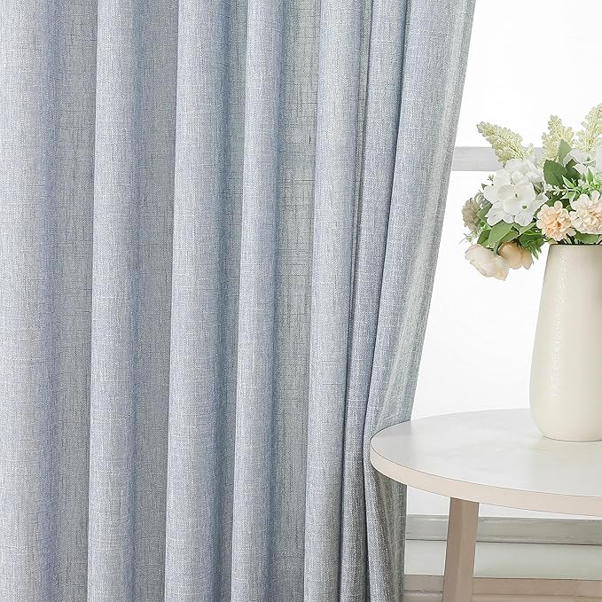 Vision Home Pinch Pleated Blue Semi Sheer Curtains Textured Light Filtering Window Curtains 63 inch for Living Room Bedroom Rayon Blended Chambray Blue Pinch Pleat Drapes with Hooks 2 Panels 40"Wx63"L